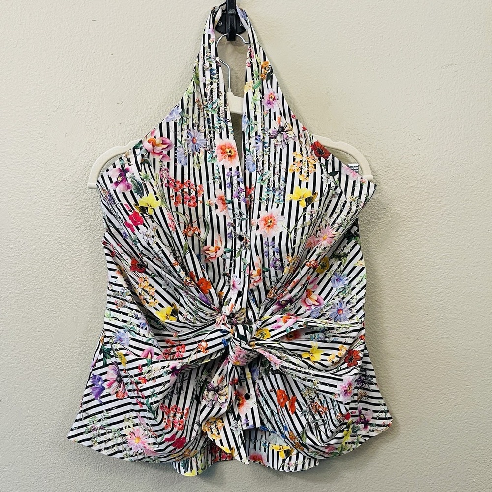 Zara Maximalist Floral Striped Halter Vest Top Deco Tie Colorful Playful Sz L
